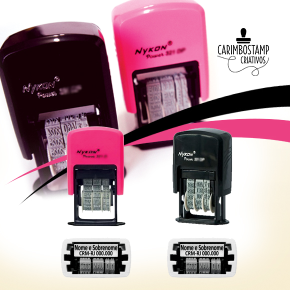 A foto mostra 2 carimbos datadores automáticos rosa e preto